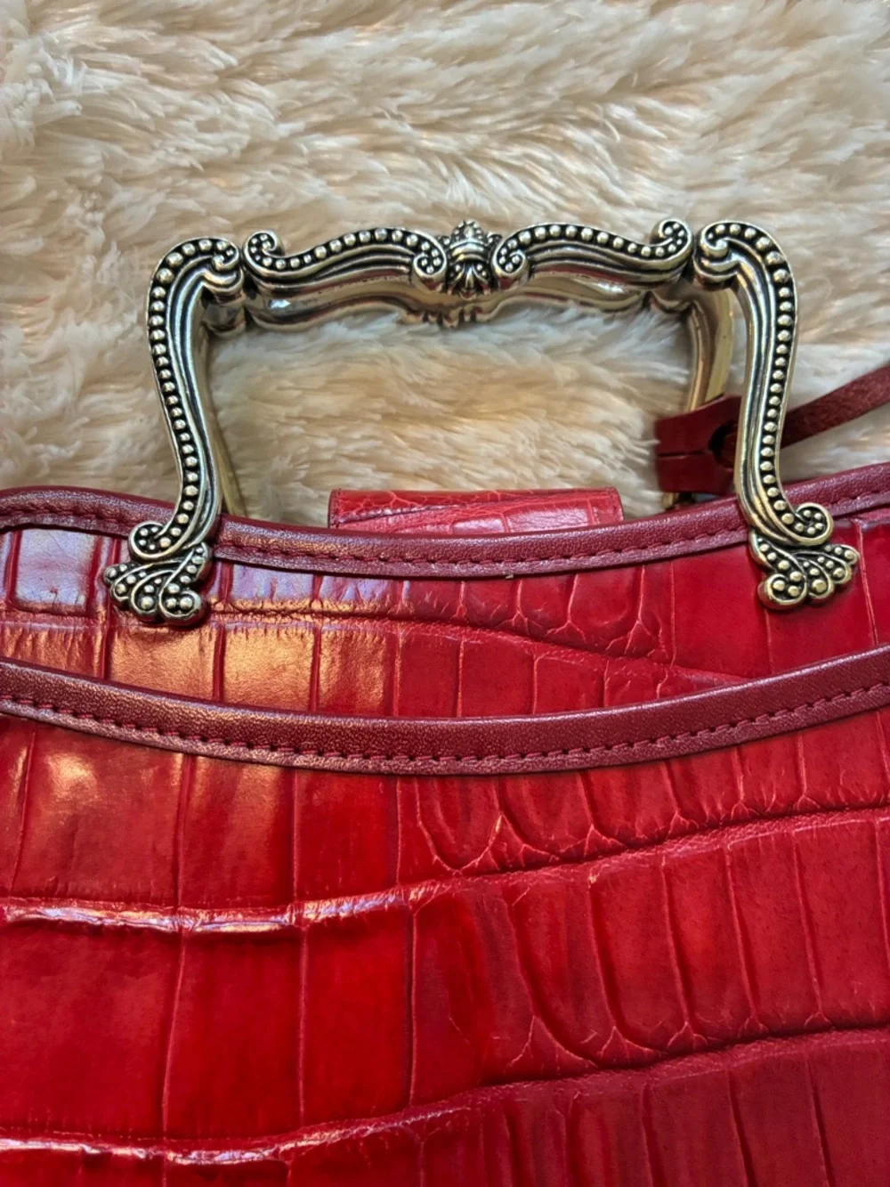Brighton Red Croc-Embossed Mini Top-Handle Bag with Ornate Silver Handles - Picture 4 of 10